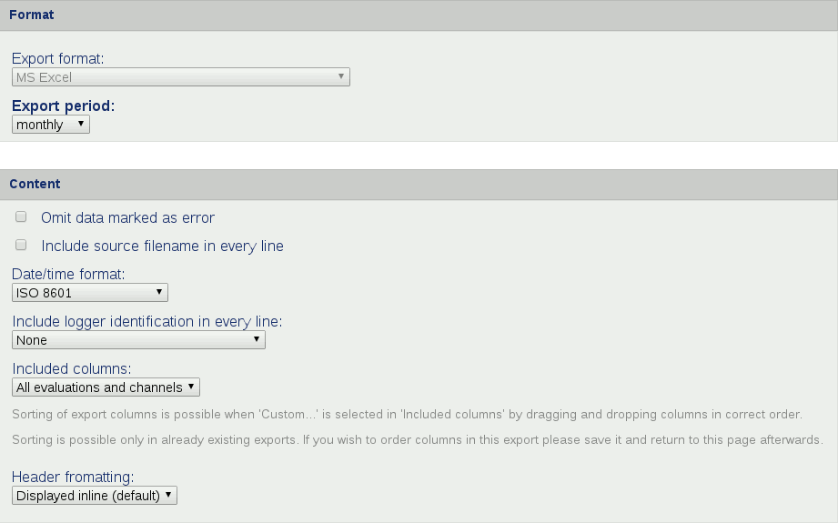 Configuring the content of the export file