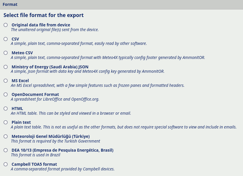 Selecting the export file format