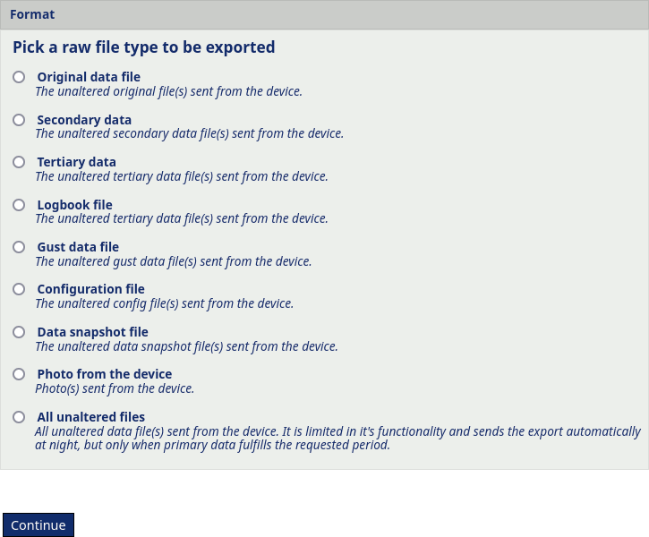 Selecting the raw export file format