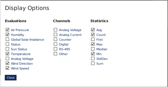 Selectable options for daily statistics (depending on data logger type and connected sensors)
