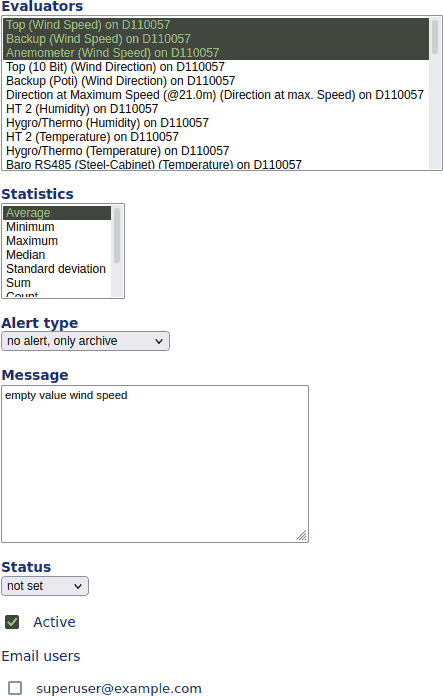 Example of an empty data filter for an anemometer