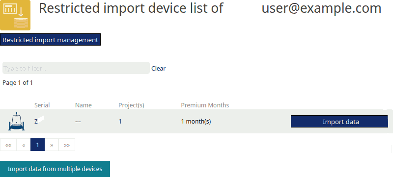 Device list overview of devices with restricted data import