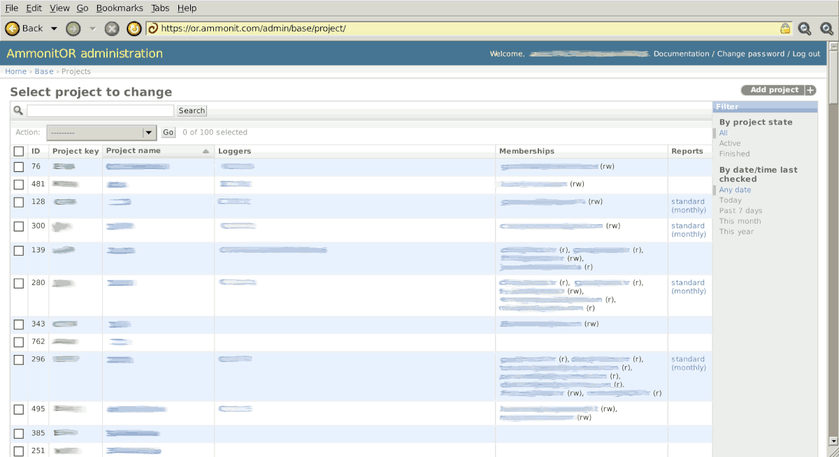 Projects administration page