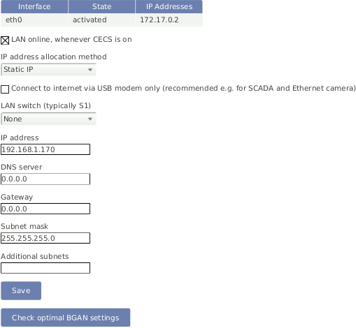Screenshot of the Configuration of static IP address