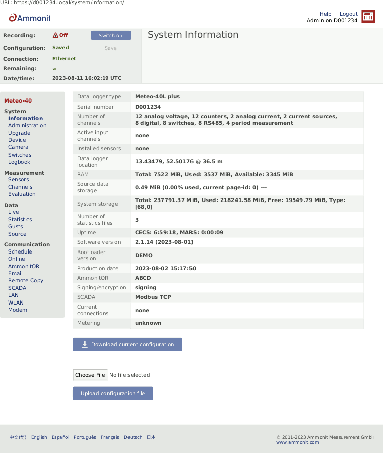 Screenshot of System Information Page