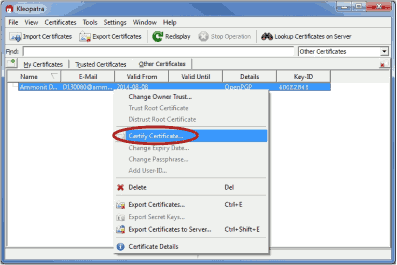 Screenshot of the public key certification in Gpg4win