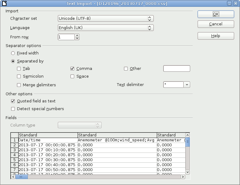 Picture of LibreOffice import settings menu