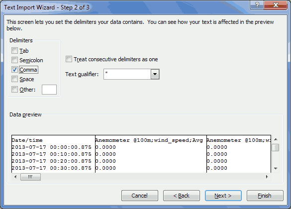 Picture of Microsoft Excel 2010™ Text Import Wizard Step 2