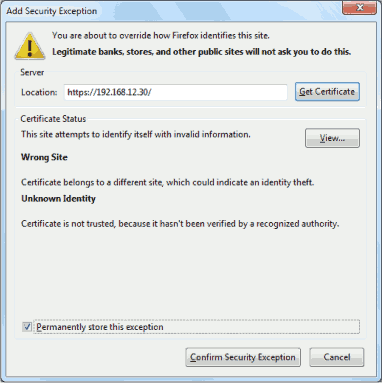 Screenshot of Mozilla Firefox Add Security Exception page