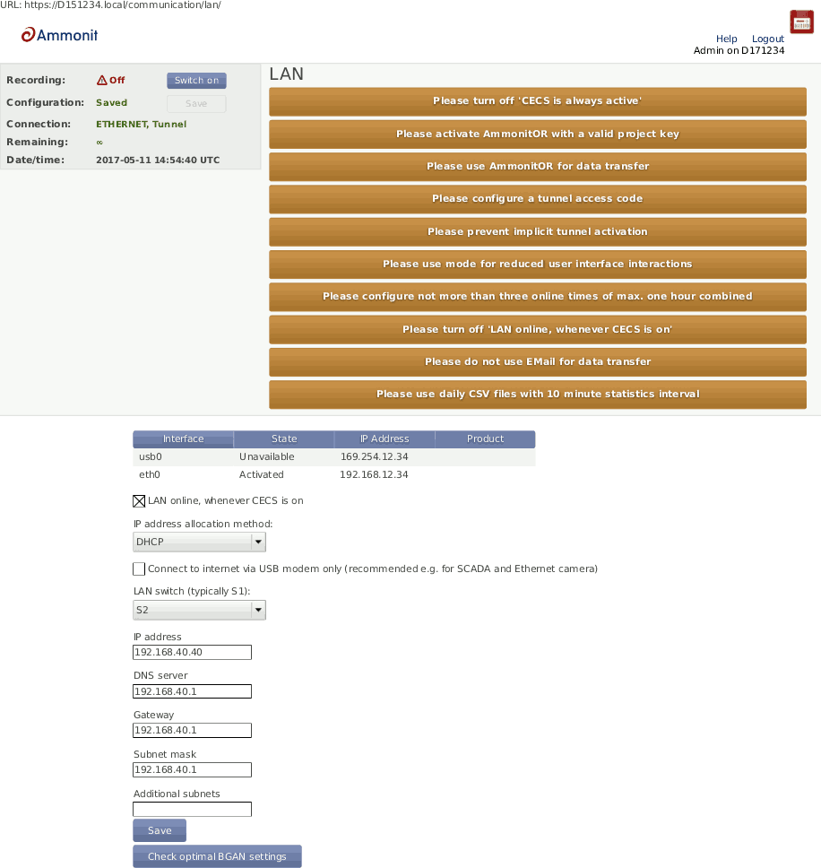 Screenshot of warning messages for recommended BGAN configuration