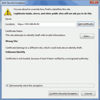 Screenshot of Add Security Exception Page