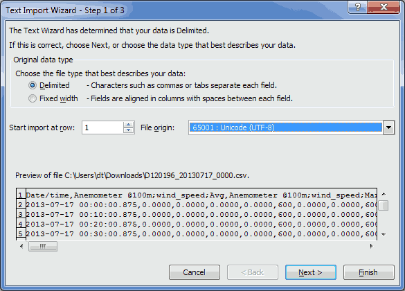 Picture of Microsoft Excel 2010™ Text Import Wizard Step 1