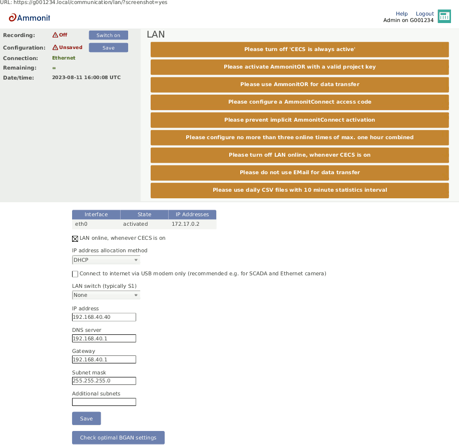 Screenshot of warning messages for recommended BGAN configuration