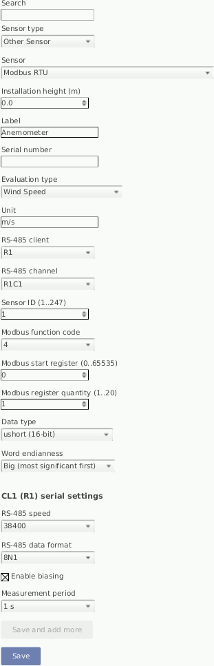 Screenshot of the generic Modbus RTU sensor configuration