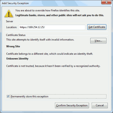Screenshot of Mozilla Firefox Add Security Exception page