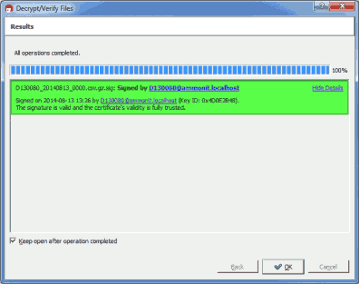 Screenshot of a successfully verified signature in Gpg4win