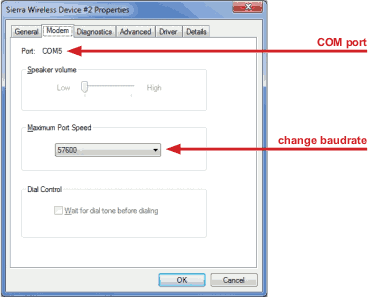 Screenshot of the Modem Properties