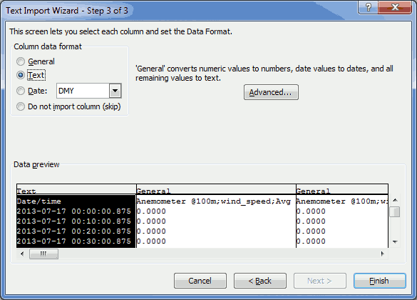 Picture of Microsoft Excel 2010™ Text Import Wizard Step 3